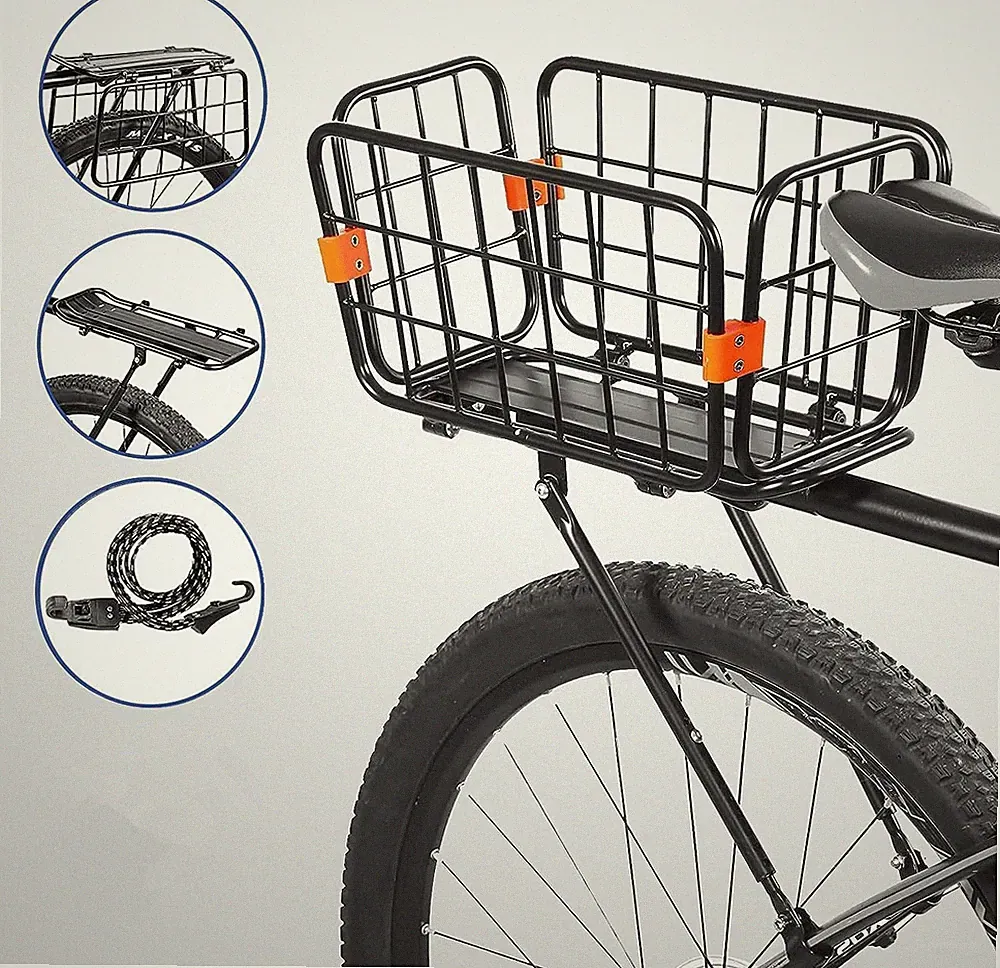 Rear Bike Rack with Basket Aluminum Alloy Adjustable Foldable Basket with Cord